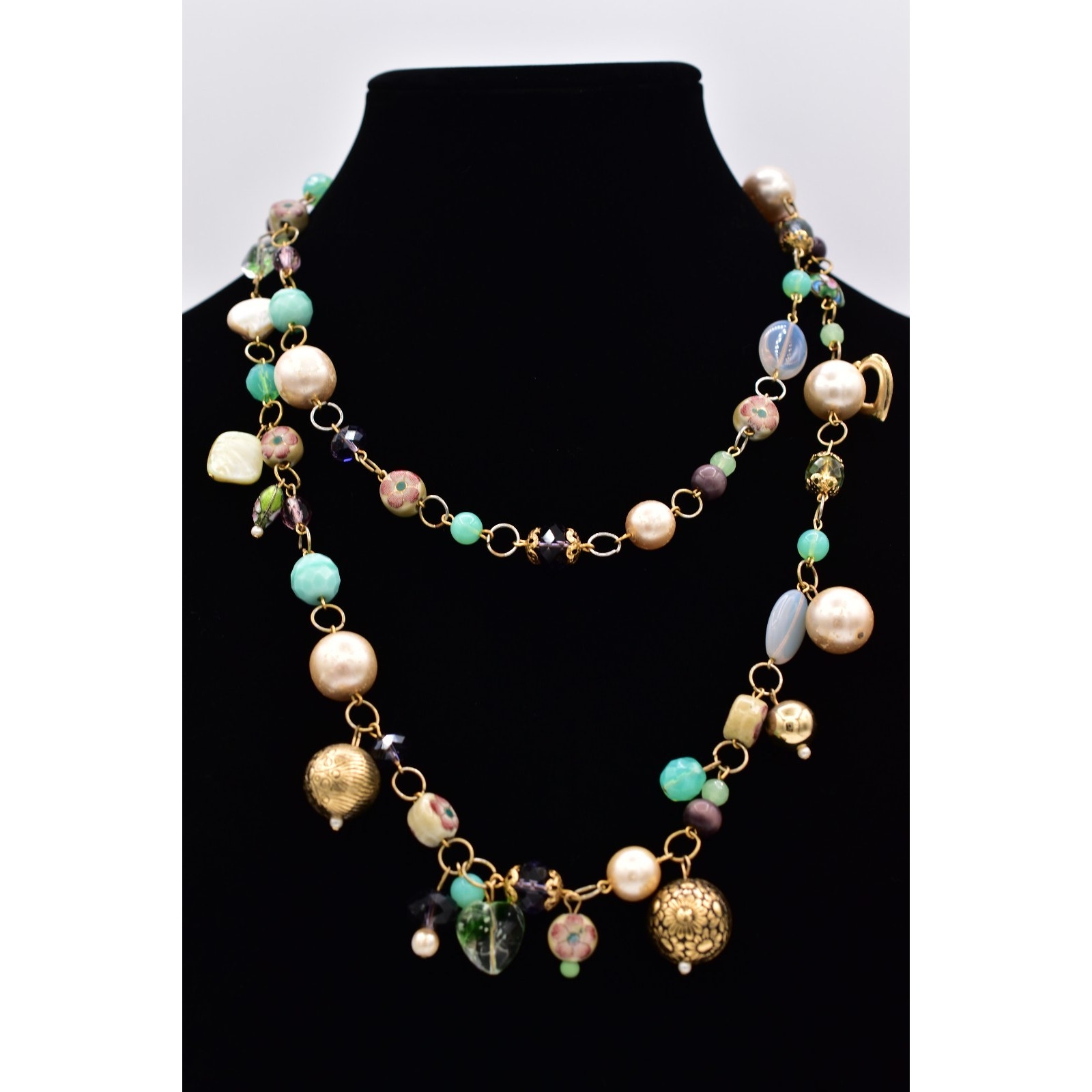 Vintage Crystal Beaded Enamel Flower Heart Abalone Gold Tone Chunky 1980s Binbq